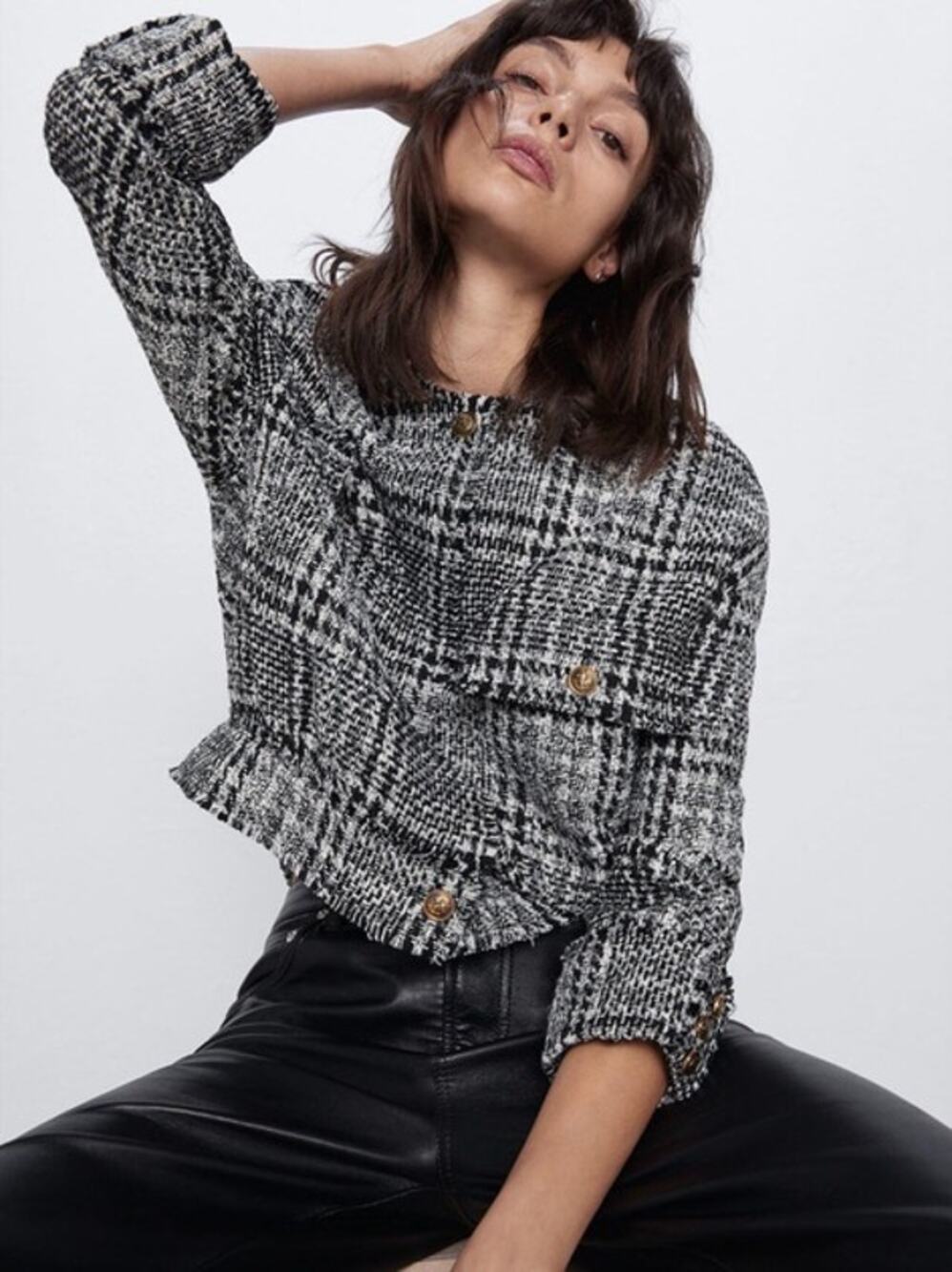 Zara Women's Black White Plaid Tweed Long Sleeve Crew Neck Coat Jacket Top S